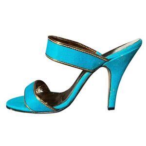 1970s Antonio Marsini Turquoise Canvas Gold Trim Heeled Mules 6.5M Italy